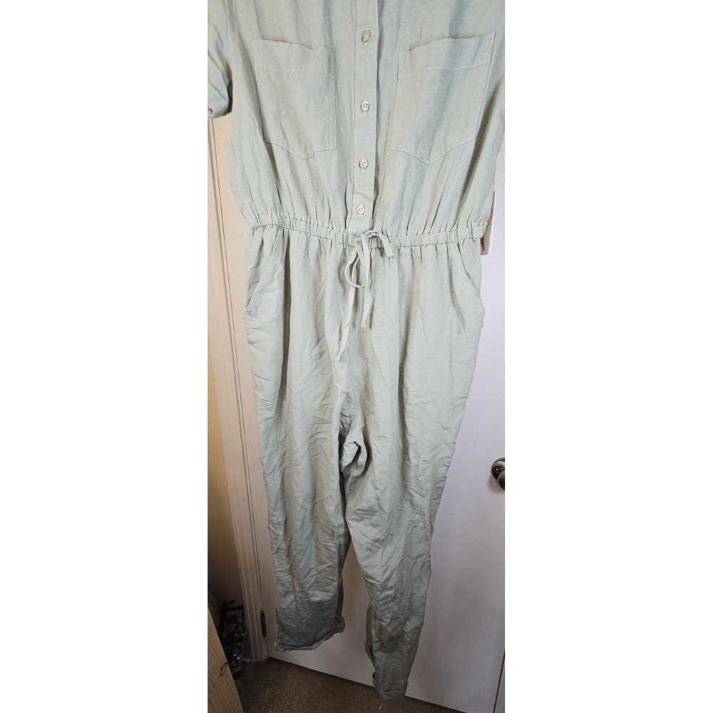 Jessica Simpson Olive Green Linen Blend Short Sleeve Button Up Jumpsuit Sz. Med. - Picture 4 of 9